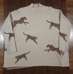 Entro Women’s M Leopard Cheetah Print Mock Neck Sweater Animal Print Pullover